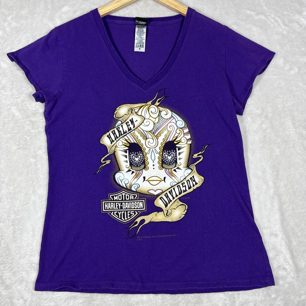 Harley Davidson Looney Tunes Womens V Neck Shirt Size Medium Tweety Purple